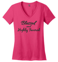 Load image into Gallery viewer, Blessed and Highly Favored V-Neck Ladies&#39; Christian t-shirt
