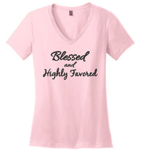 Load image into Gallery viewer, Blessed and Highly Favored V-Neck Ladies&#39; Christian t-shirt
