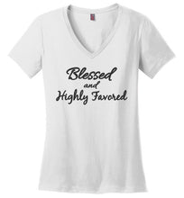 Load image into Gallery viewer, Blessed and Highly Favored V-Neck Ladies&#39; Christian t-shirt
