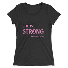 Load image into Gallery viewer, Women&#39;s She is Strong Proverbs short sleeve Christian t-shirt
