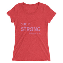 Load image into Gallery viewer, Women&#39;s She is Strong Proverbs short sleeve Christian t-shirt
