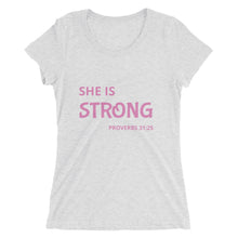 Load image into Gallery viewer, Women&#39;s She is Strong Proverbs short sleeve Christian t-shirt
